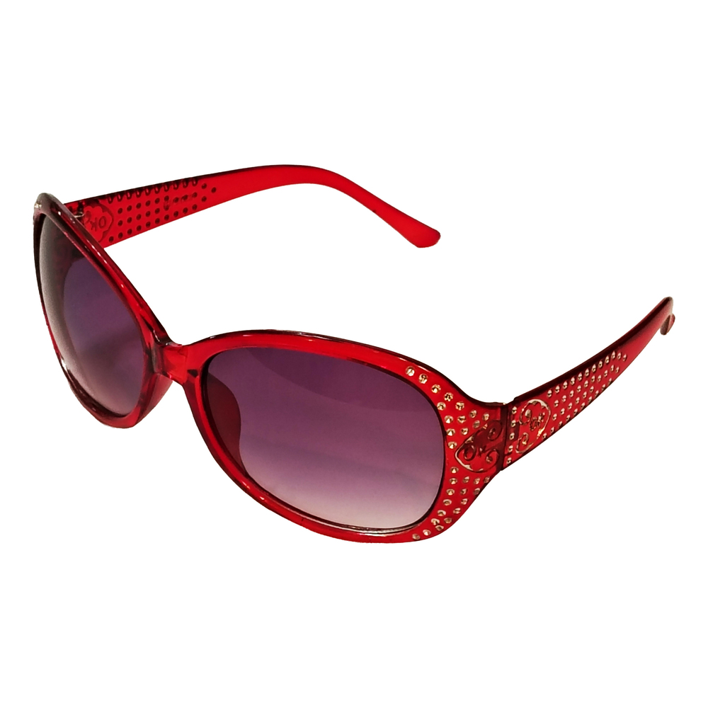 Red framed purple tinted butterfly glasses with rhinestone inlay